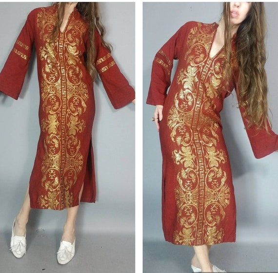 Vintage 70s 80s Greek Kaftan Dress Burgundy Bohem… - image 1
