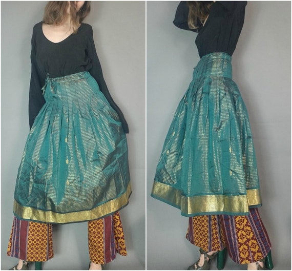 90s Vintage Boho Skirt Green Gold Full Skirt Meta… - image 1