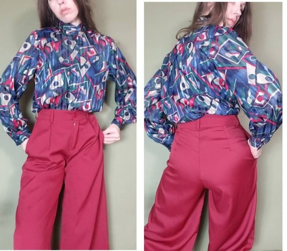 Vintage 80s Abstract Artsy Print Blouse s m - image 8