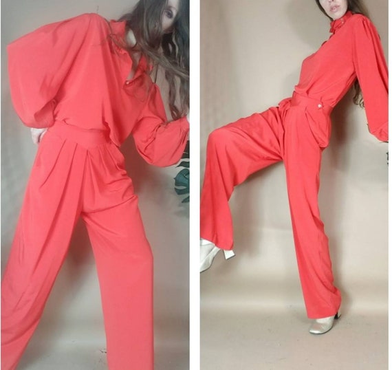 Vintage 80s Set Matching Blouse + Pant Suit Ensemb