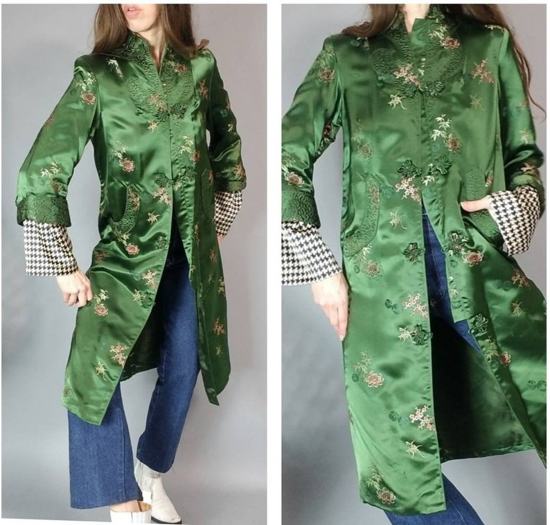 Vintage Asian Jacket Robe Duster Coat Lush Green s