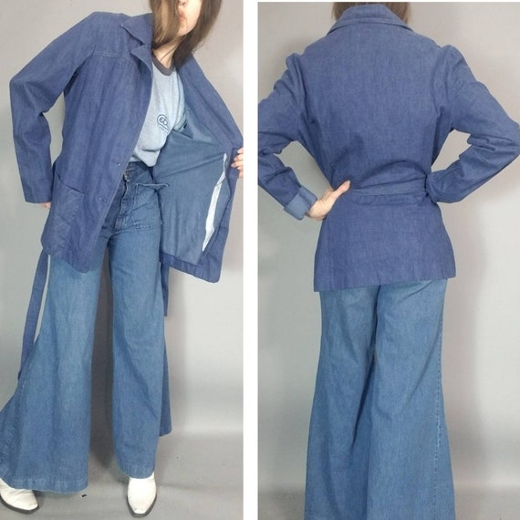 Vintage 70s Jean Jacket Denim Chore Coat Tie Wais… - image 8