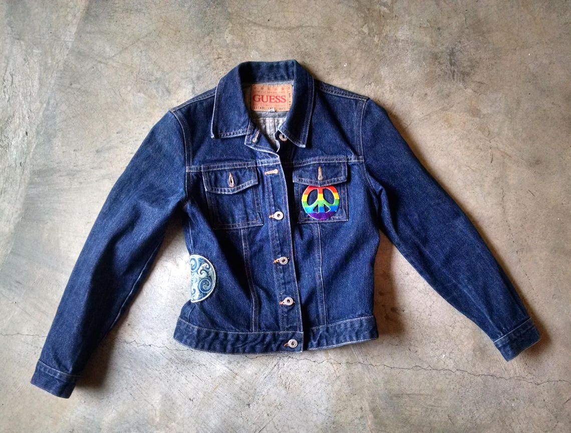 Vintage GUESS Jean Jacket Dark Denim Peace Patches Hippie Etsy