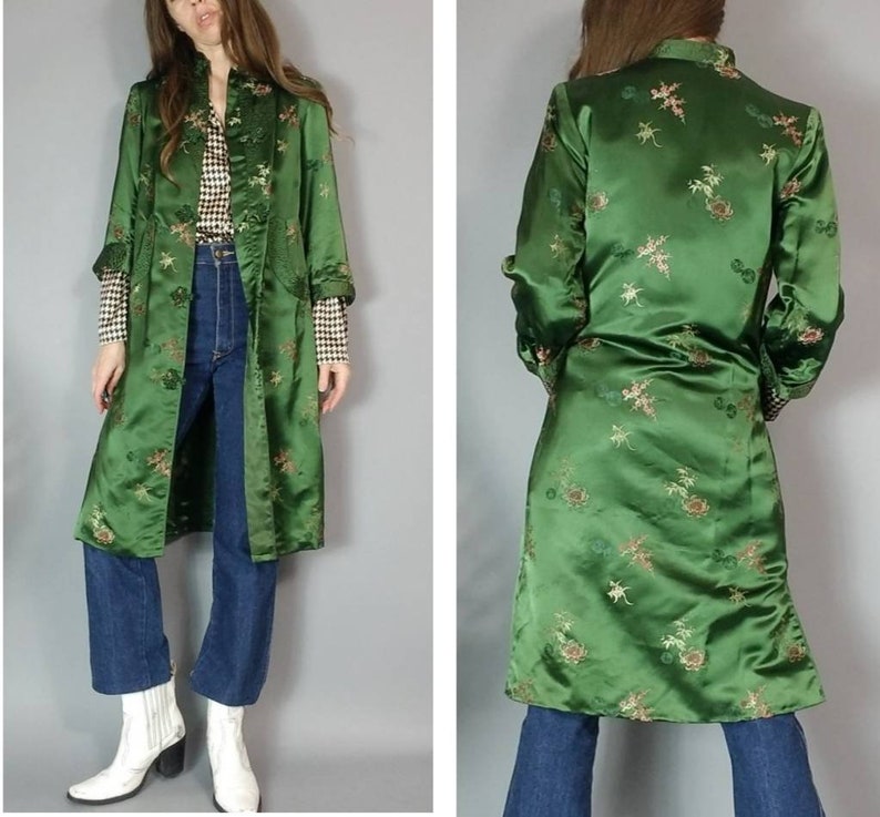 Vintage Asian Jacket Robe Duster Coat Lush Green s