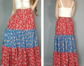 Vintage 70s Maxi Skirt Floral Handmade Tiered Ruffle Bohemian Hippie Skirt s