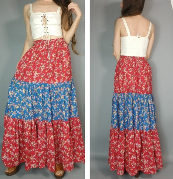 Vintage 70s Maxi Skirt Floral Handmade Tiered Ruff