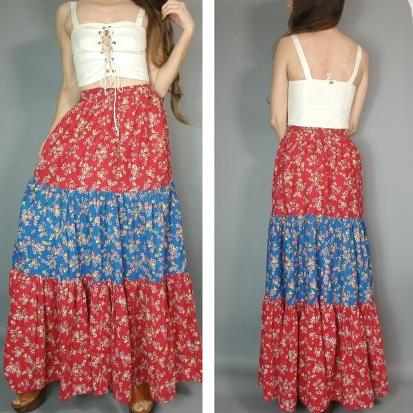 Vintage 70s Maxi Skirt Floral Handmade Tiered Ruffle Bohemian Hippie Skirt s