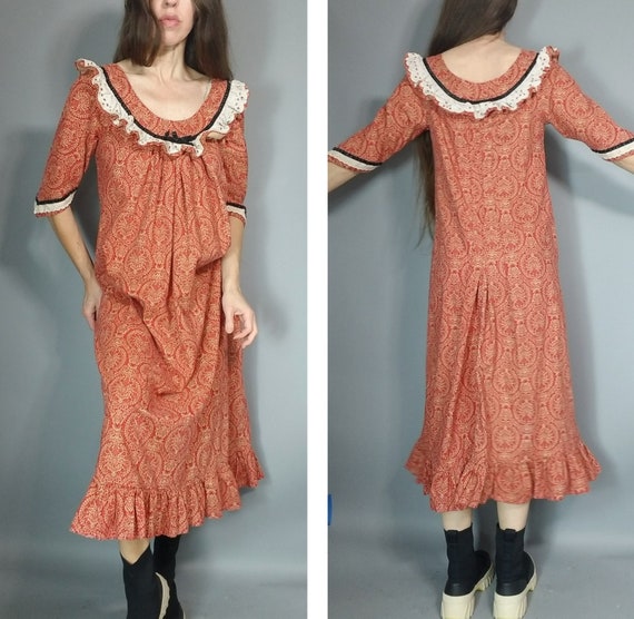 Vintage 70s 80s Hawaiian Hippie Prairie Dress s - image 1