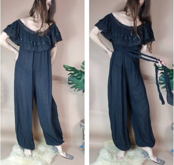Vintage 80s Gauze Jumpsuit Black Resort Free Size