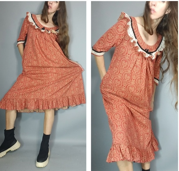 Vintage 70s 80s Hawaiian Hippie Prairie Dress s - image 2