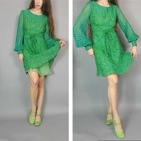 Vintage 60s Mod Green Dress s - image 7