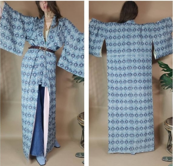 Vintage Kimono Blue Floral Duster free size - image 1