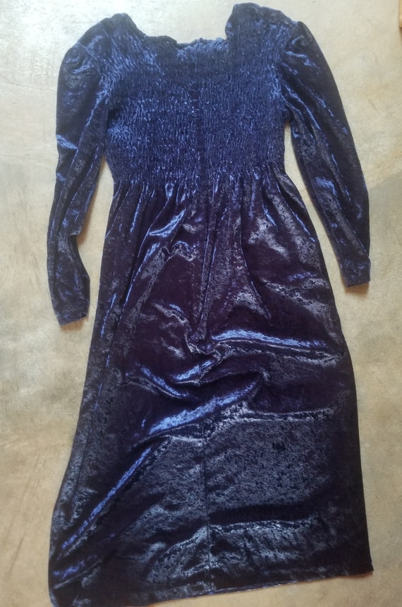 Vintage 90s Navy Velvet Smocked Sack Dress m - image 6