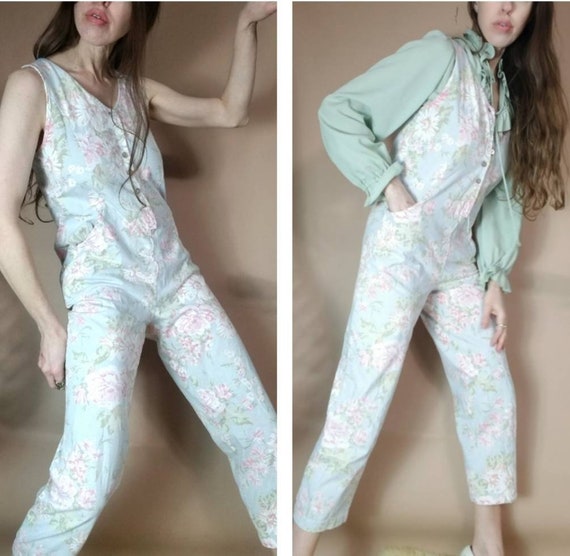 Vintage 80s 90s Laura Ashley Jumpsuit Pale Floral… - image 5