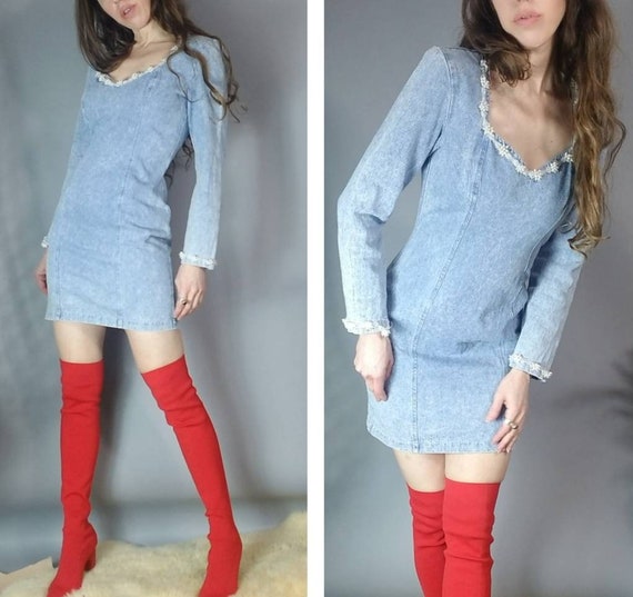 Vintage 80s 90s Denim Dress Rampage Light Wash Je… - image 1