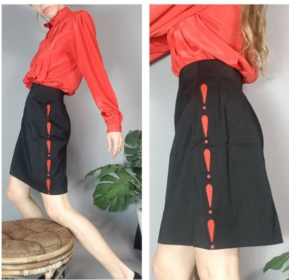 Vintage Escada Wool Skirt Red Exclamation Points Designer Pencil Skirt Pop  80s 90s 