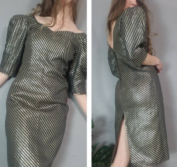 Party Time Vintage 80s Black Gold Metallic Dress … - image 10