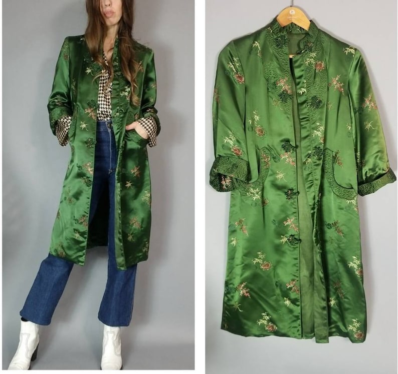 Vintage Asian Jacket Robe Duster Coat Lush Green s