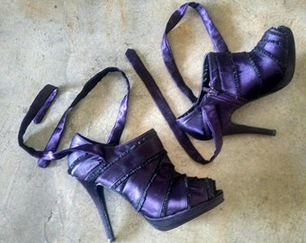 y2k Purple Peep Toe Satin Bootie Heels Ruffles and Ties 7.5 8