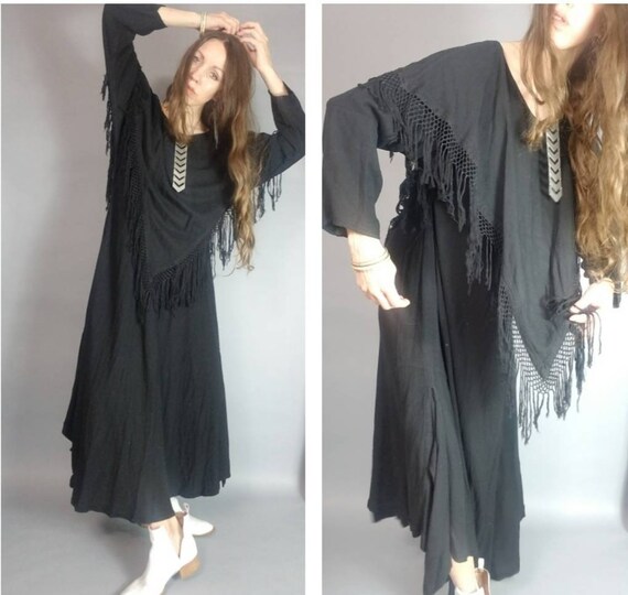 Vintage 80s 90s Moroccan Dress Black Drapey Bohem… - image 6