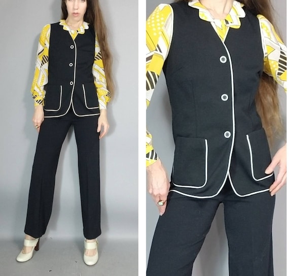 Vintage 60s Set Black and White Vest Pant Suit Se… - image 6