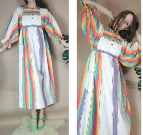 Vintage 70s Dress Rainbow Boho Hippie Balloon Slee