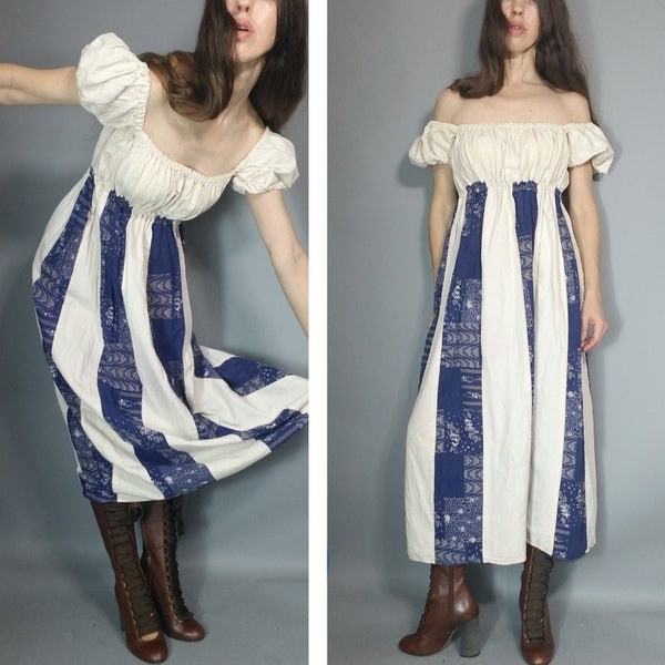 Vintage 70s Bohemian Country Patchwork Peasant Dress s