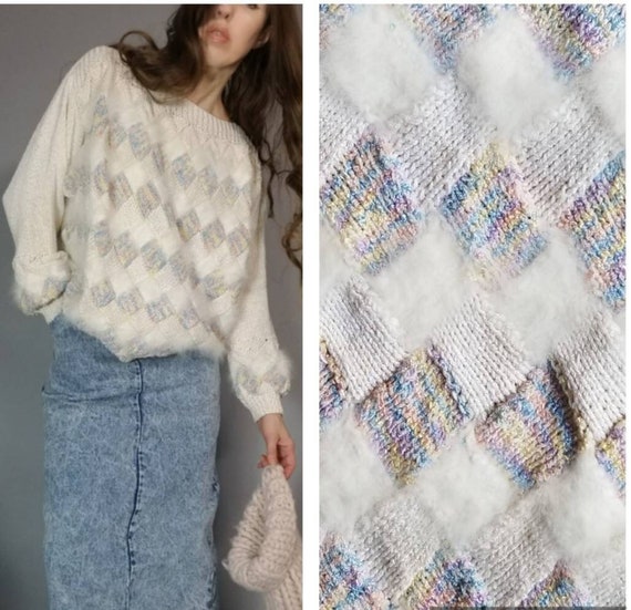 Vintage 80s Sweater Soft Colors Pastel Mohair Chu… - image 1