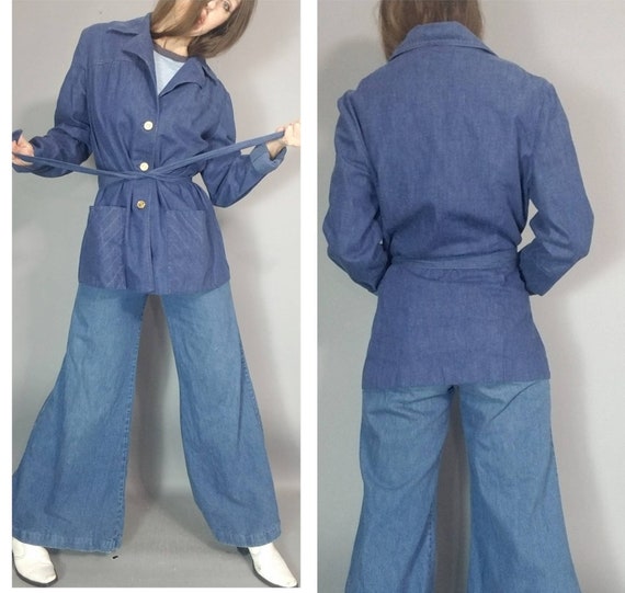 Vintage 70s Jean Jacket Denim Chore Coat Tie Wais… - image 1