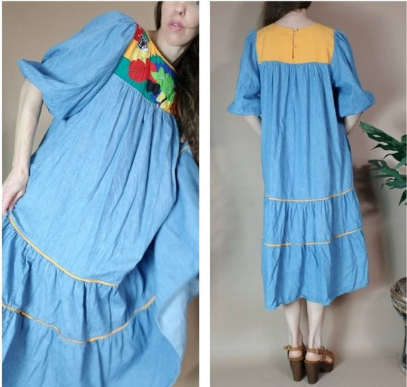 Vintage 80s Dress Puff Sleeve Sack Dress s m