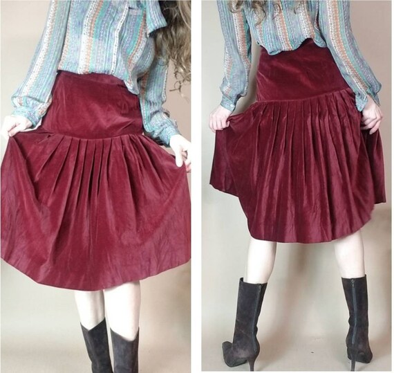 Vintage 80s Blood Red Velvet Designer Skirt xs s - image 5