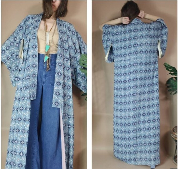 Vintage Kimono Blue Floral Duster free size - image 6