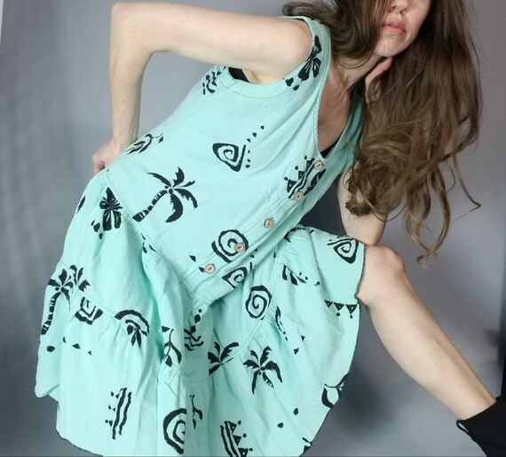 Vintage 80s 90s Cotton Print Sea Foam Dress s m - image 7