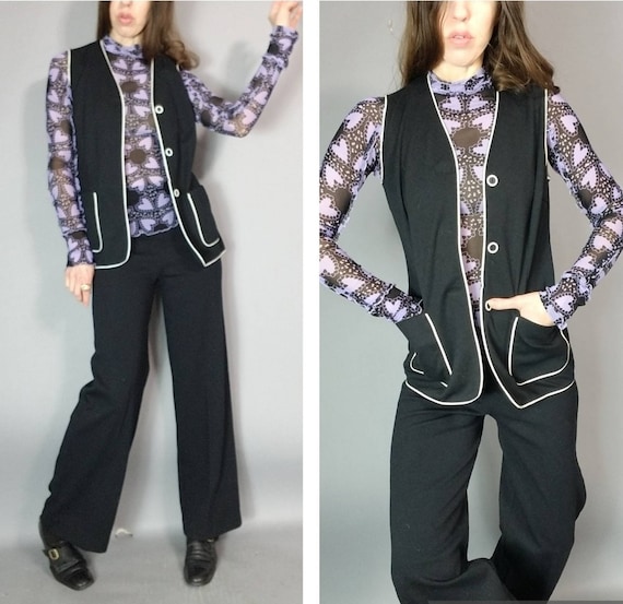 Vintage 60s Set Black and White Vest Pant Suit Se… - image 1