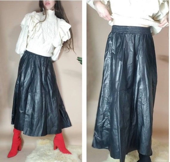 Vintage 80s Leather Skirt Black Leather Aline Circ
