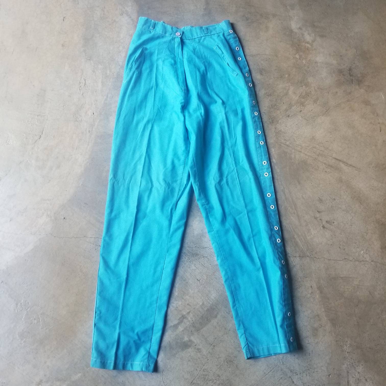 Vintage 80s Pants Blue High Waisted Trouser Button Detail Xs