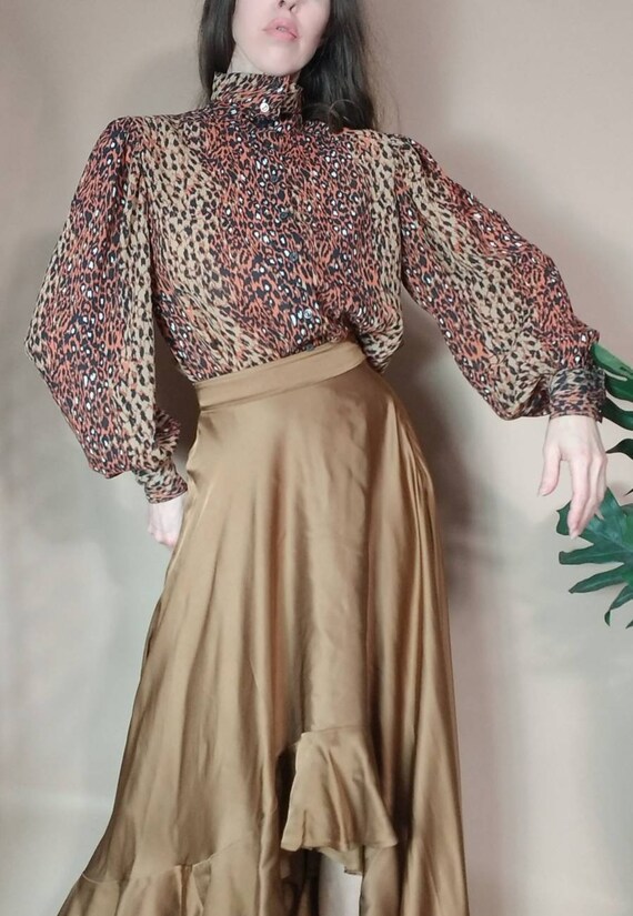Vintage 80s Animal Print Blouse Poet Sleeve s m