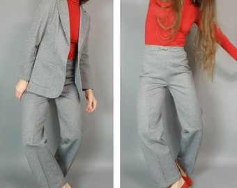 Vintage 70s Grey Suit Set Minimalist Hippie Matching Set Up Pant Jacket Ensemble s