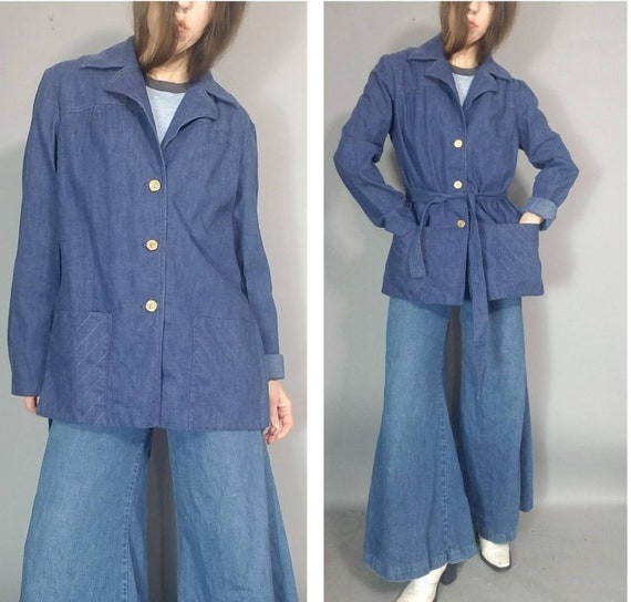 Vintage 70s Jean Jacket Denim Chore Coat Tie Wais… - image 2