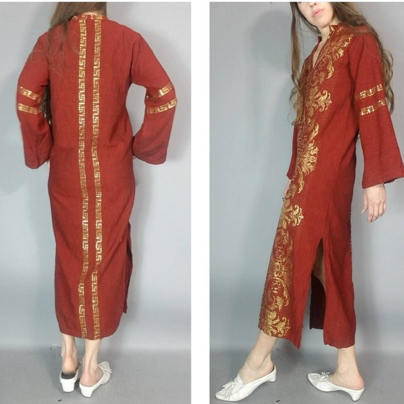 Vintage 70s 80s Greek Kaftan Dress Burgundy Bohem… - image 7
