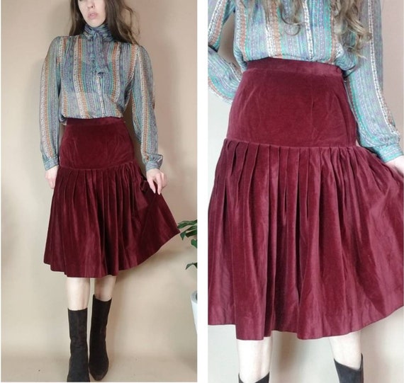 Vintage 80s Blood Red Velvet Designer Skirt xs s - image 6