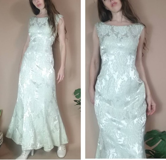 Vintage 60s Brocade Dress Pastel Pale Mint Green M
