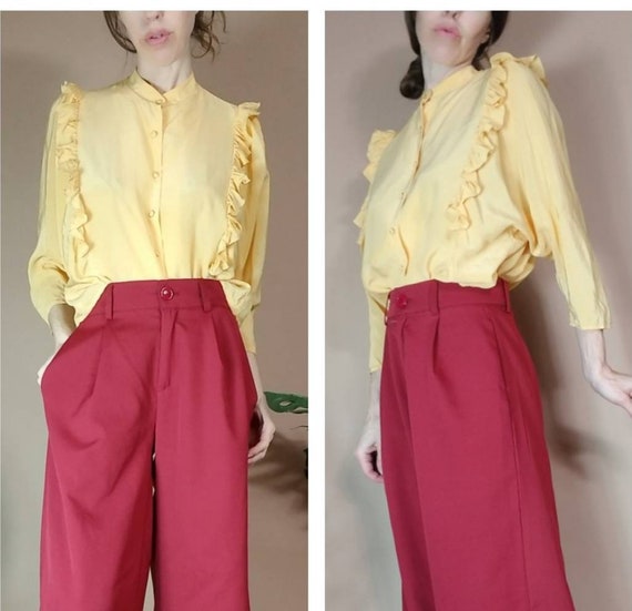Vintage 80s Silk Blouse Yellow Blouse Dolman Sleev