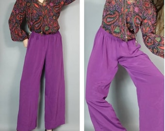 Vintage 90s Pants Magenta Purple Elastic Waist Wide Leg Comfortable Party Pants s m