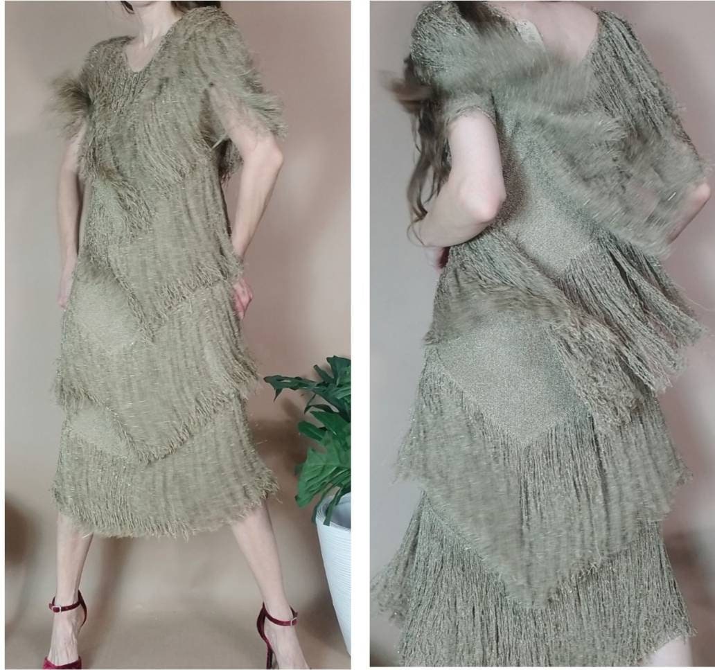 Vintage 80s Gold Fringe Dress Hand Loomed Knit Brenda French