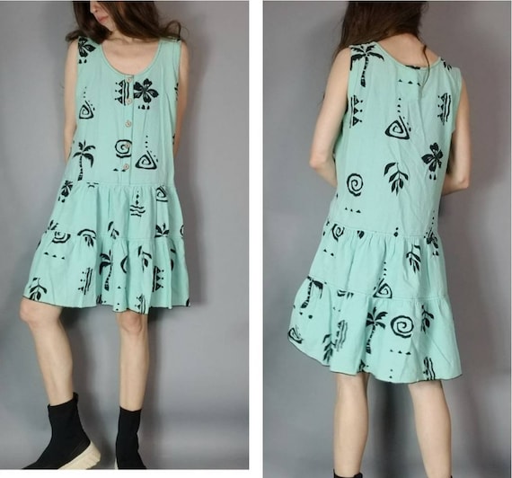 Vintage 80s 90s Cotton Print Sea Foam Dress s m - image 1