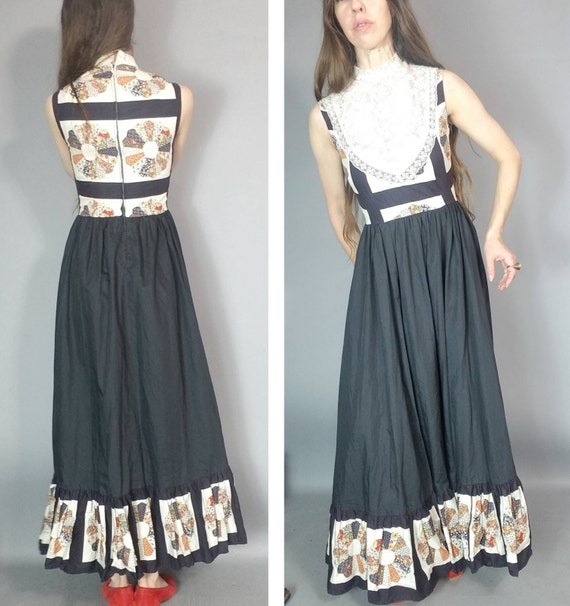 Vintage 70s Patchwork Quilt Print Sleeveless Dres… - image 2