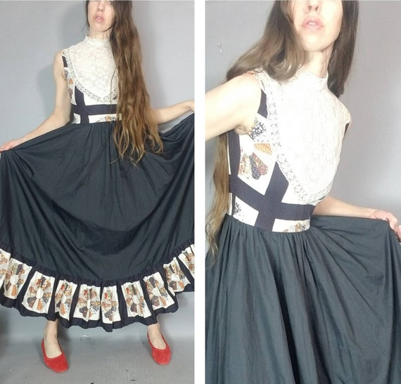 Vintage 70s Patchwork Quilt Print Sleeveless Dres… - image 1