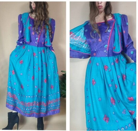 Vintage 80s 90s Jeanne Marc Dress Folkloric Boho C