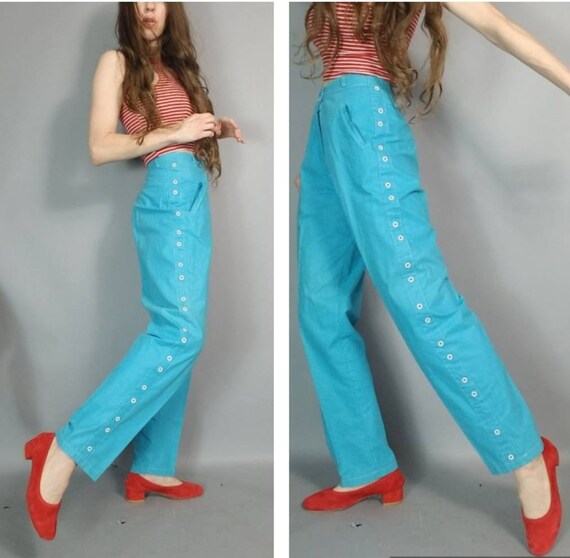 Vintage 80s Pants Blue High Waisted Trouser Button De… - Gem Vintage 80s Pants Blue High Waisted Trouser Button De… - Gem